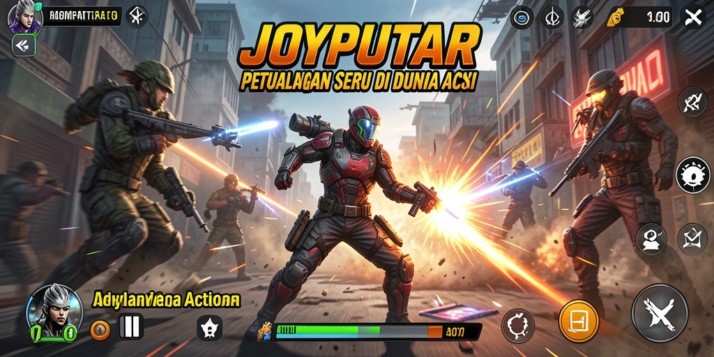 Tampilan antarmuka JOYPUTAR yang penuh aksi dan efek visual menawan.