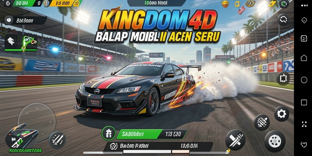 Antarmuka utama KINGDOM4D dengan mobil balap dan lintasan